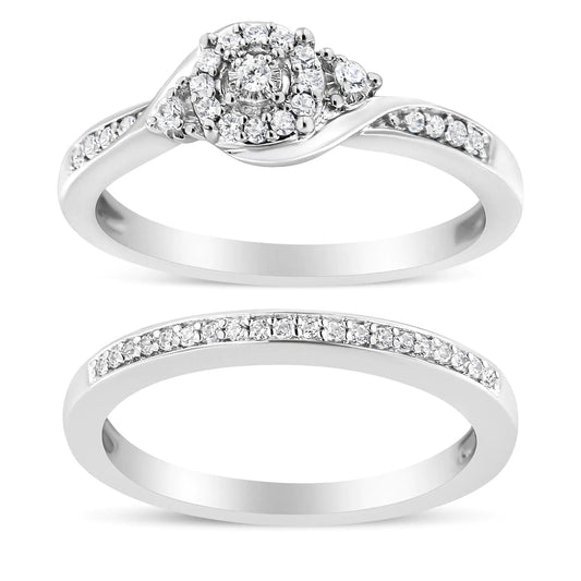 .925 Sterling Silver Diamond Halo Engagement Ring Set